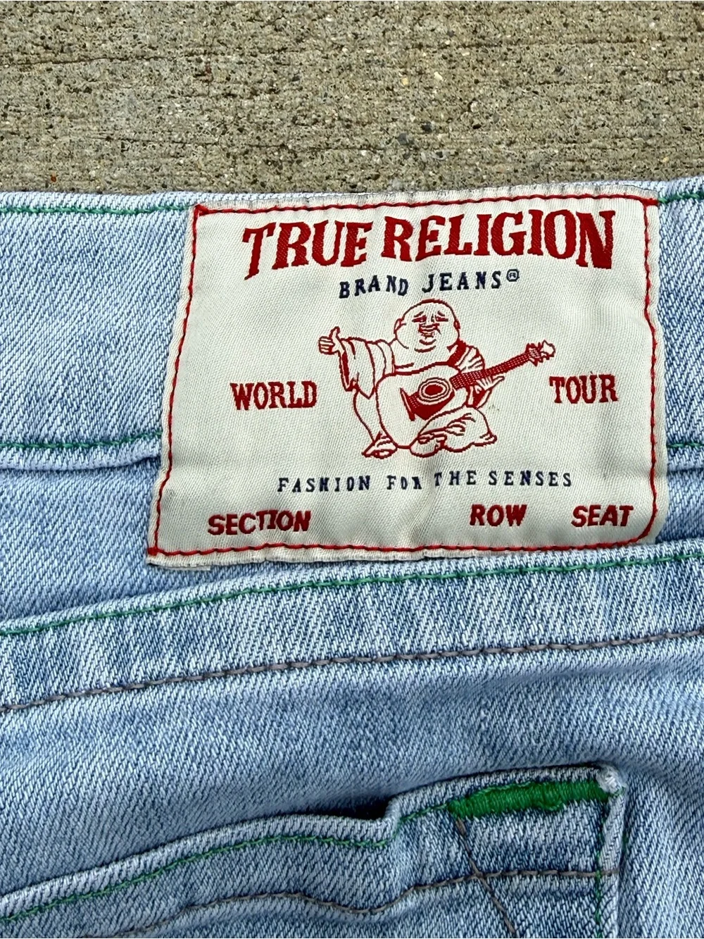 True Religion Ricky Relaxed Straight Light Blue Jeans with Green Stitching